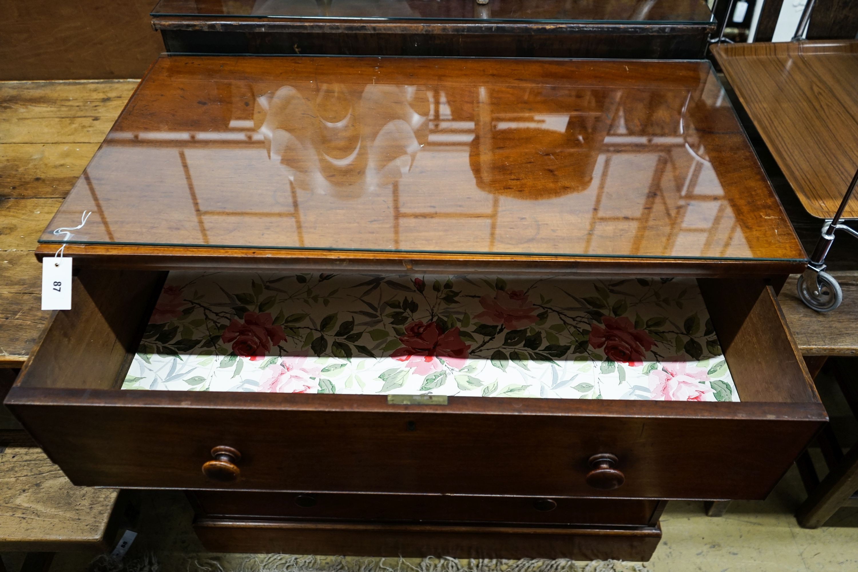 A Victorian mahogany three drawer chest, width 104cm, depth 53cm, height 98cm